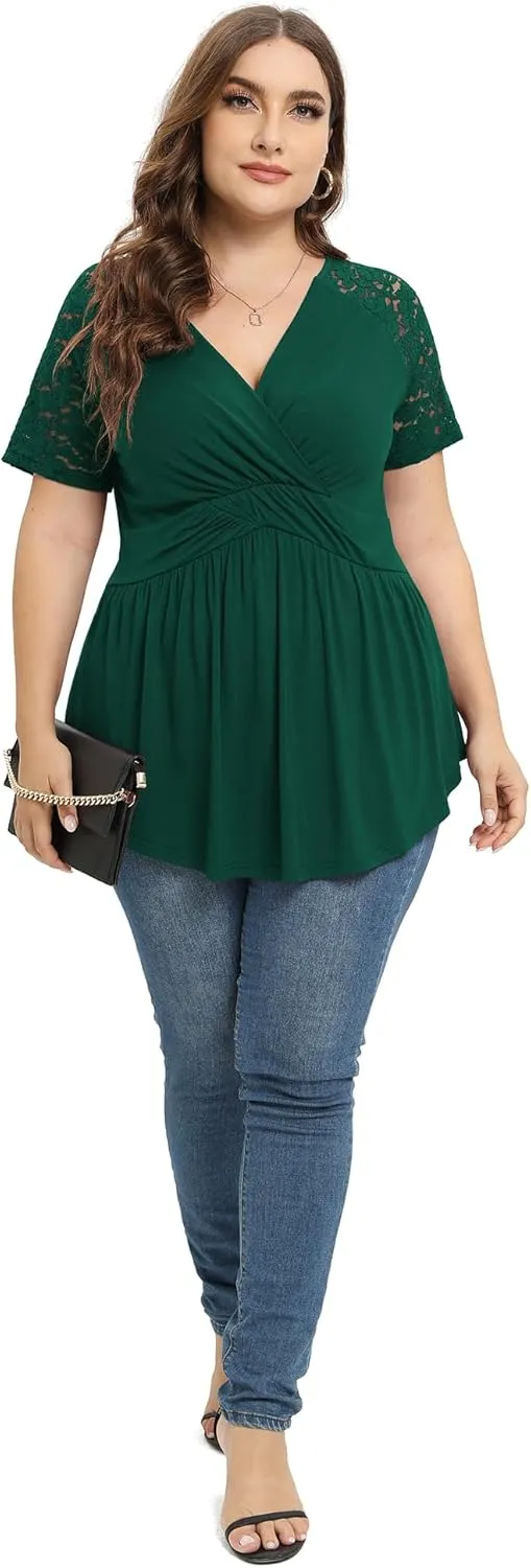 TIANZHU Women Plus Size Top Short Sleeve Wrap Lace Dressy Shirt Sexy Low Cut Babydoll Blouses