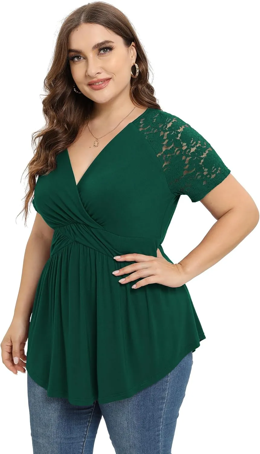 TIANZHU Women Plus Size Top Short Sleeve Wrap Lace Dressy Shirt Sexy Low Cut Babydoll Blouses