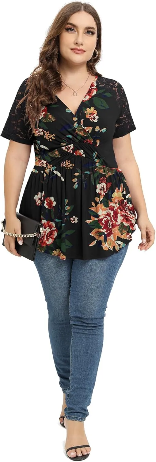 TIANZHU Women Plus Size Top Short Sleeve Wrap Lace Dressy Shirt Sexy Low Cut Babydoll Blouses