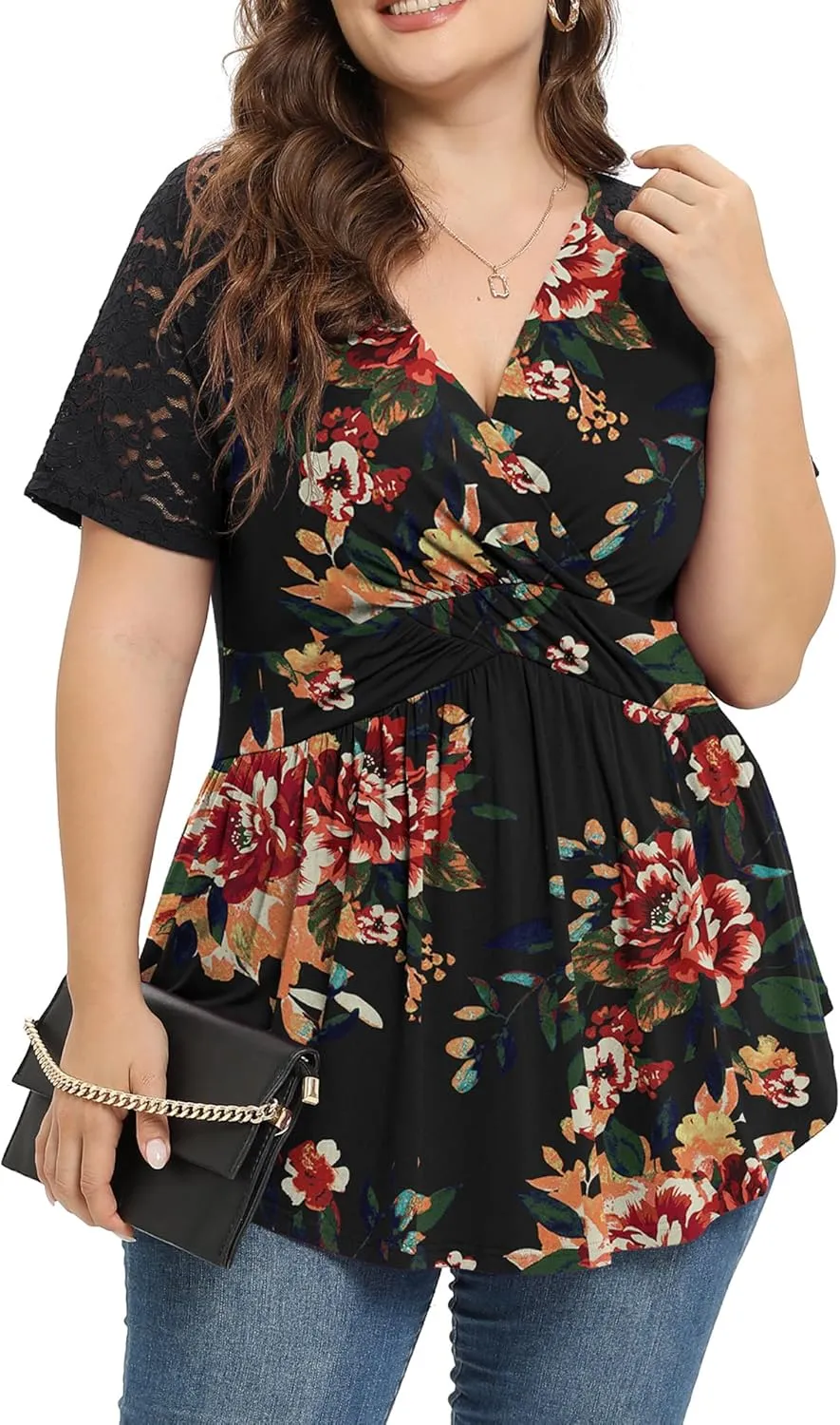 TIANZHU Women Plus Size Top Short Sleeve Wrap Lace Dressy Shirt Sexy Low Cut Babydoll Blouses