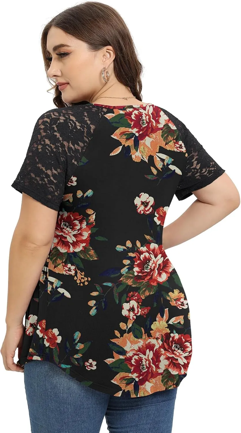 TIANZHU Women Plus Size Top Short Sleeve Wrap Lace Dressy Shirt Sexy Low Cut Babydoll Blouses