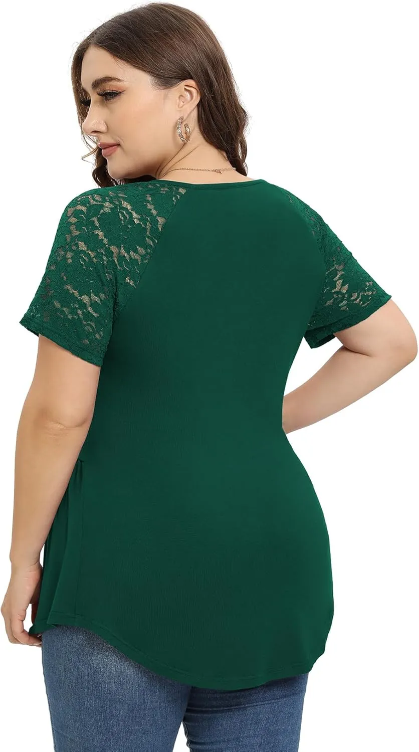TIANZHU Women Plus Size Top Short Sleeve Wrap Lace Dressy Shirt Sexy Low Cut Babydoll Blouses