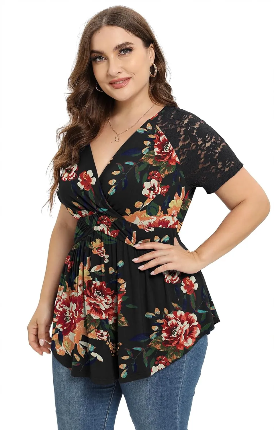 TIANZHU Women Plus Size Top Short Sleeve Wrap Lace Dressy Shirt Sexy Low Cut Babydoll Blouses