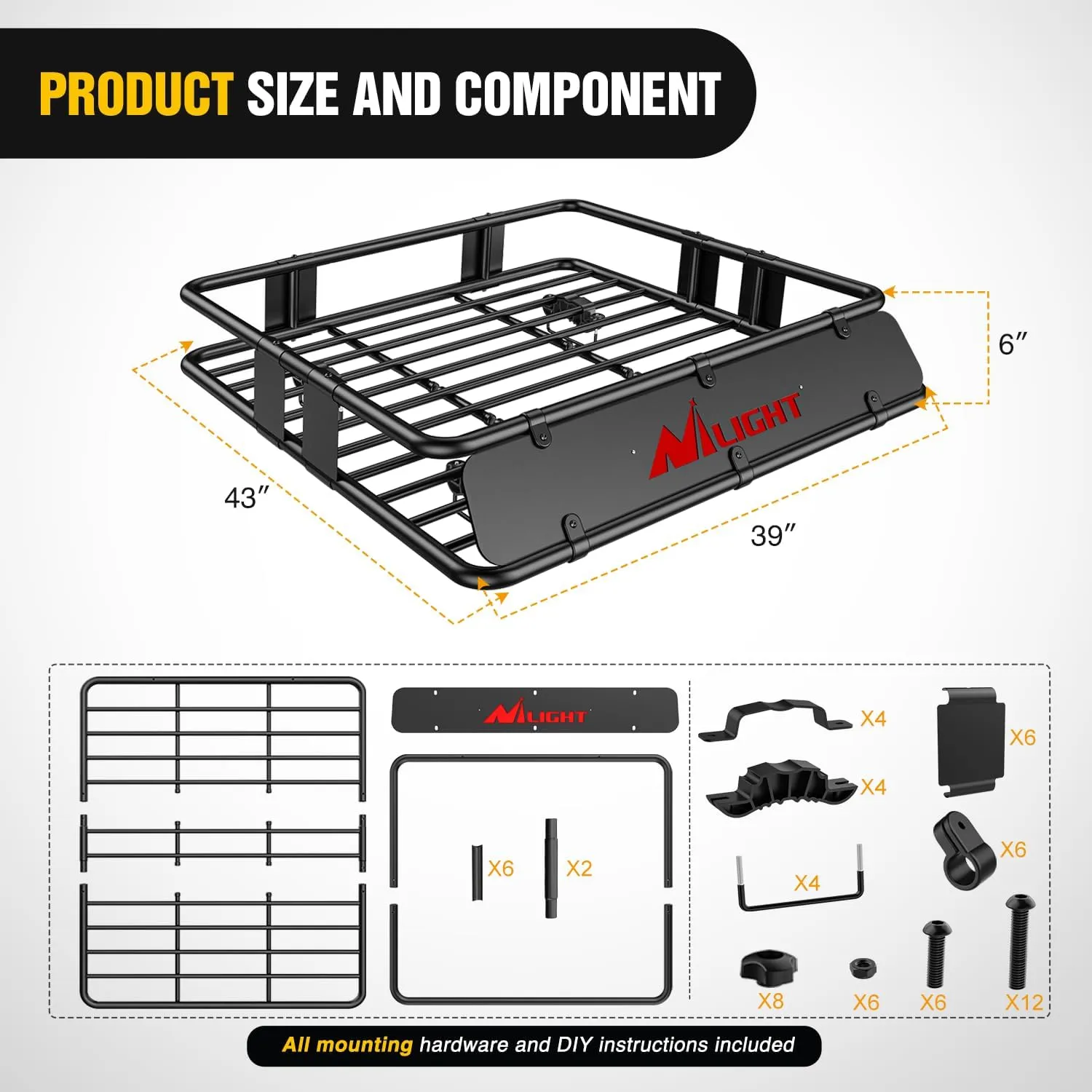 Universal Roof Rack Cargo Basket 43in x 39in x 6in With Cargo Net Ratchet Straps Luggage Holder