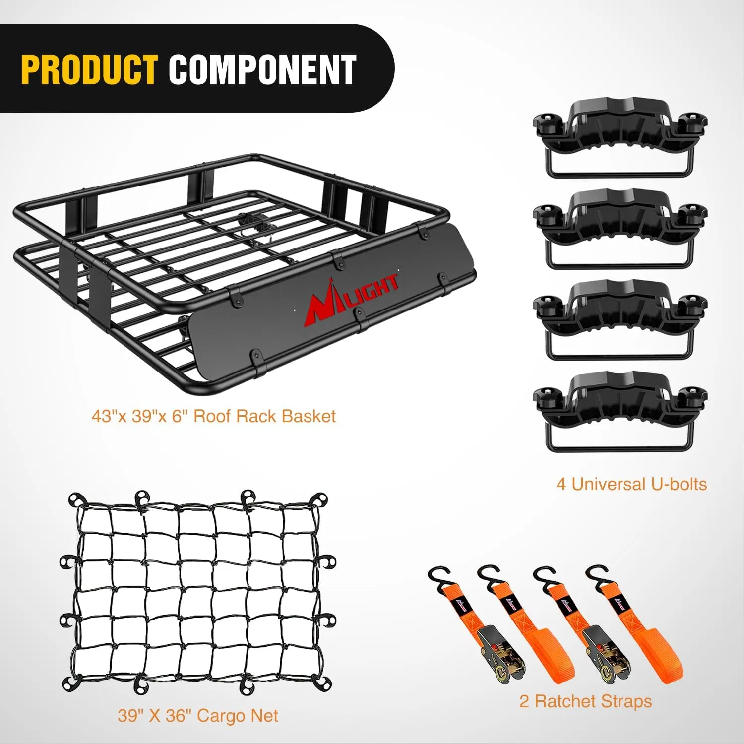 Universal Roof Rack Cargo Basket 43in x 39in x 6in With Cargo Net Ratchet Straps Luggage Holder