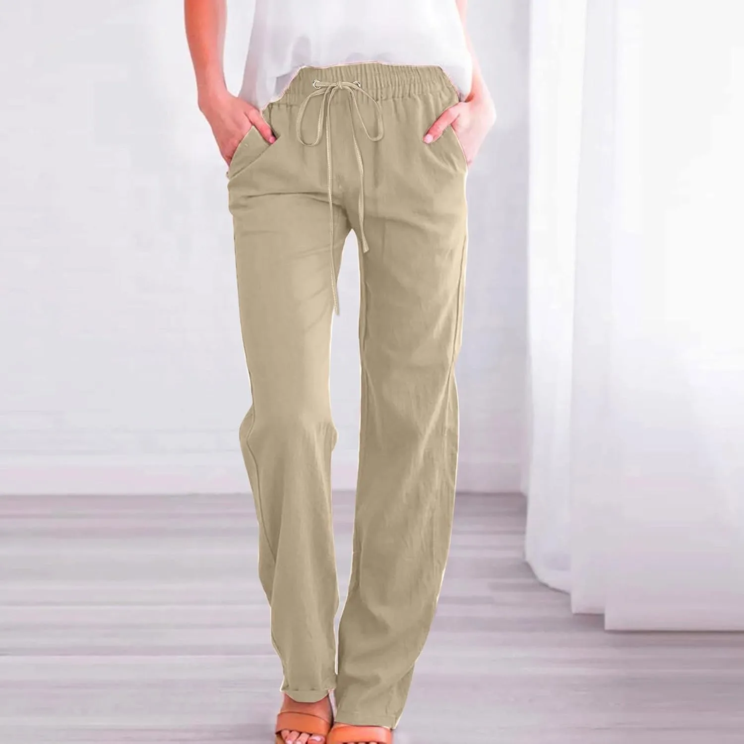 Women Summer High Waisted Cotton Linen Pants Straight Leg Drawstring Elastic High Waist Loose Comfy Trousers with Pockets