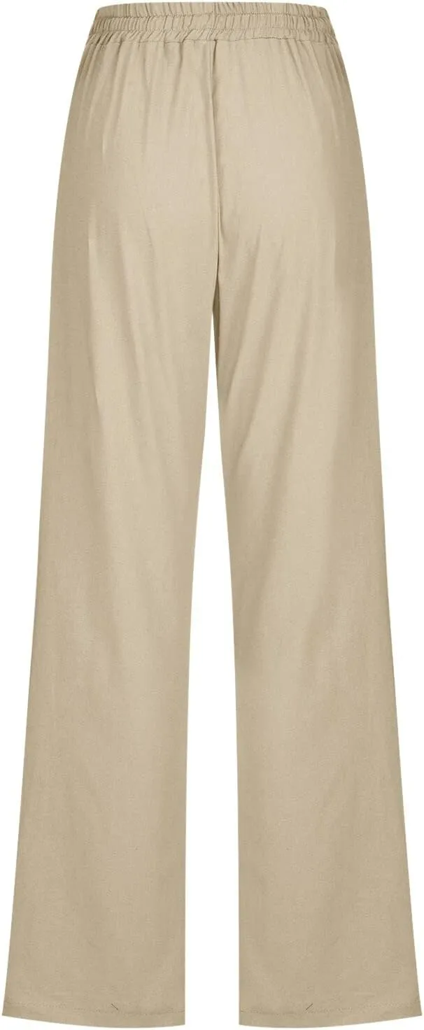 Women Summer High Waisted Cotton Linen Pants Straight Leg Drawstring Elastic High Waist Loose Comfy Trousers with Pockets