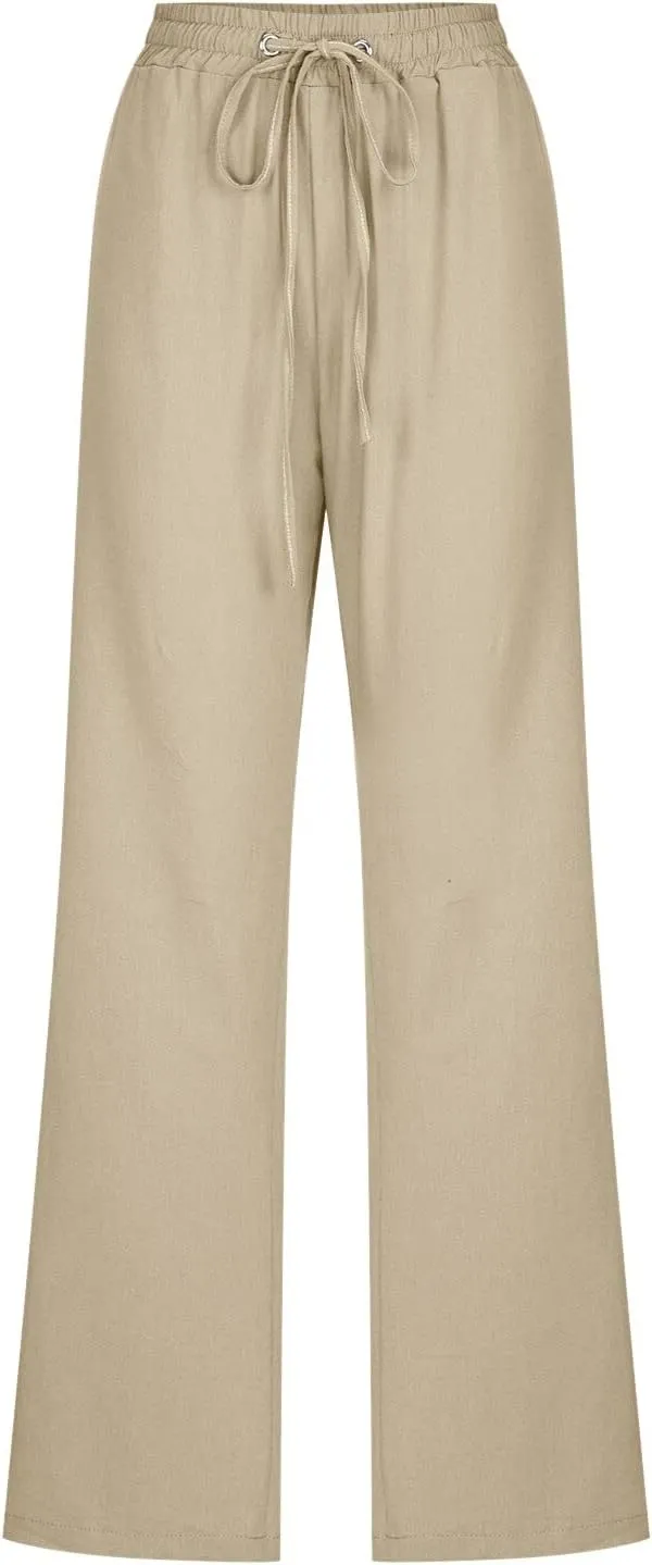 Women Summer High Waisted Cotton Linen Pants Straight Leg Drawstring Elastic High Waist Loose Comfy Trousers with Pockets