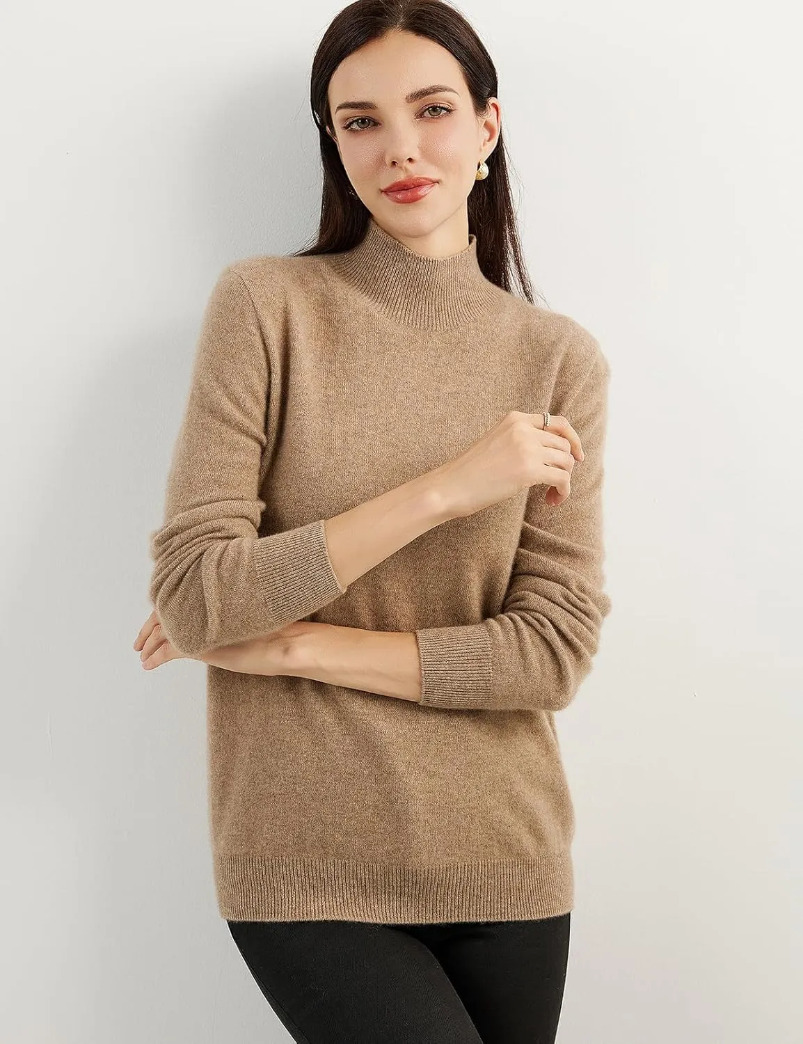 Women's 100% Pure Cashmere Sweater Mock Neck Long Sleeve Warm Leisure 2025 Fall Winter Knit Pullover