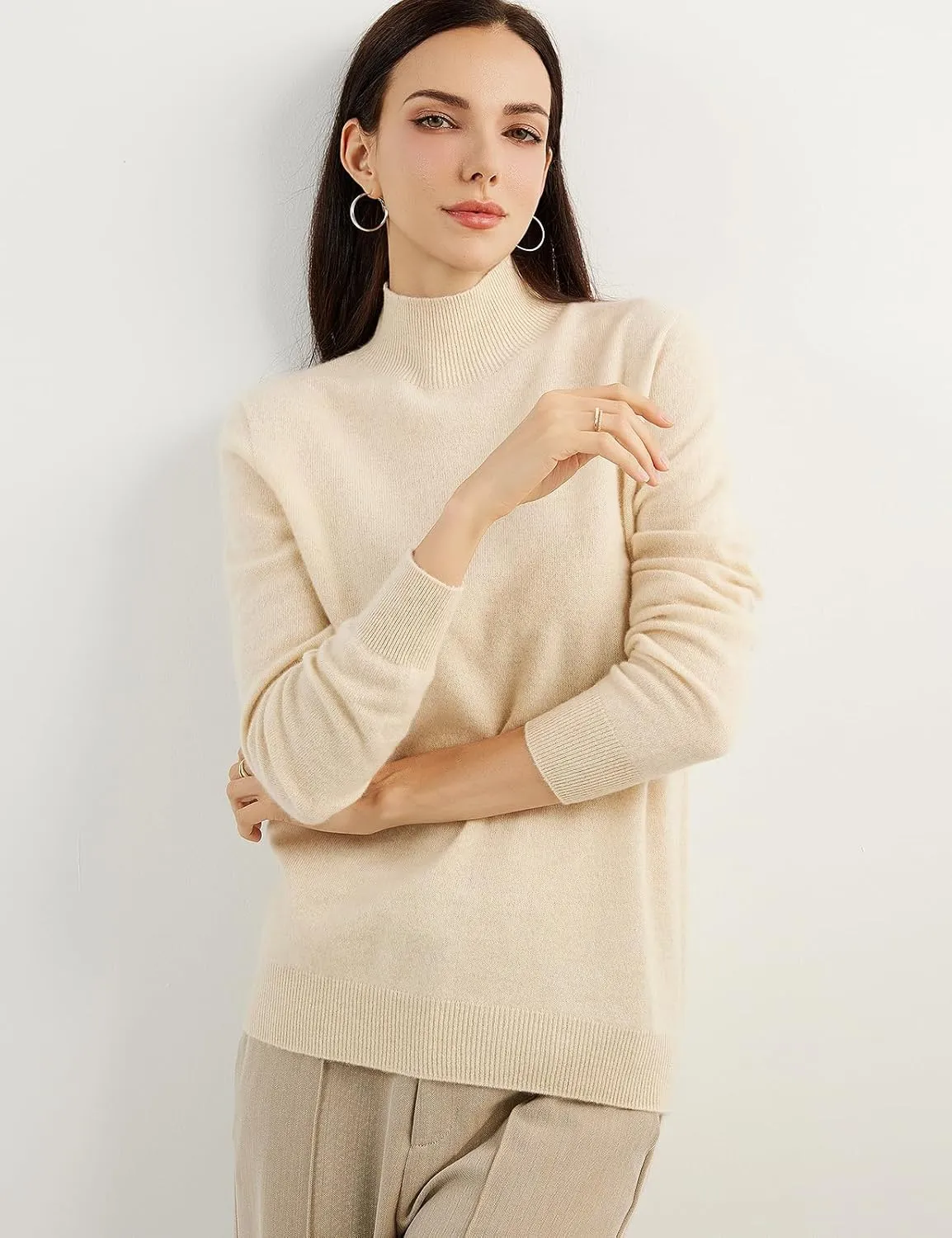 Women's 100% Pure Cashmere Sweater Mock Neck Long Sleeve Warm Leisure 2025 Fall Winter Knit Pullover