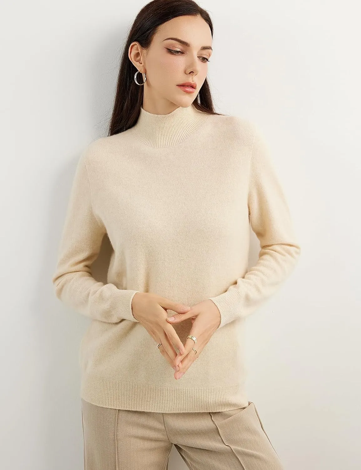 Women's 100% Pure Cashmere Sweater Mock Neck Long Sleeve Warm Leisure 2025 Fall Winter Knit Pullover