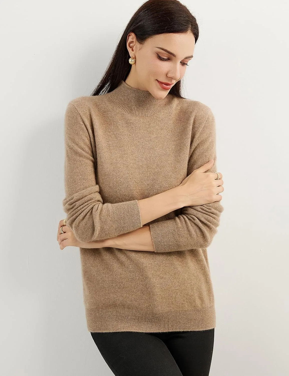 Women's 100% Pure Cashmere Sweater Mock Neck Long Sleeve Warm Leisure 2025 Fall Winter Knit Pullover