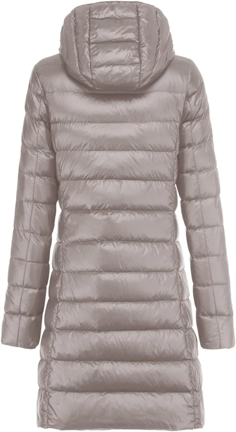 Womens 2024 Winter Long Coats Lightweight Packable Warm Puffer Jacket Hooded Removable Qulited Jackets Casual Outwear