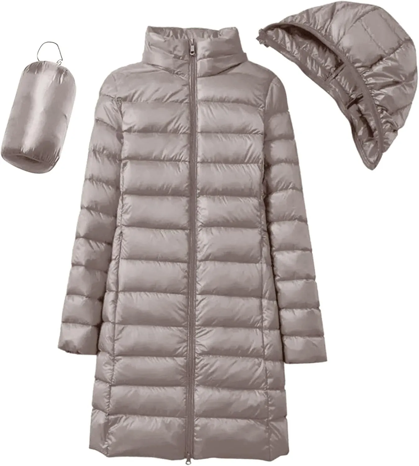Womens 2024 Winter Long Coats Lightweight Packable Warm Puffer Jacket Hooded Removable Qulited Jackets Casual Outwear