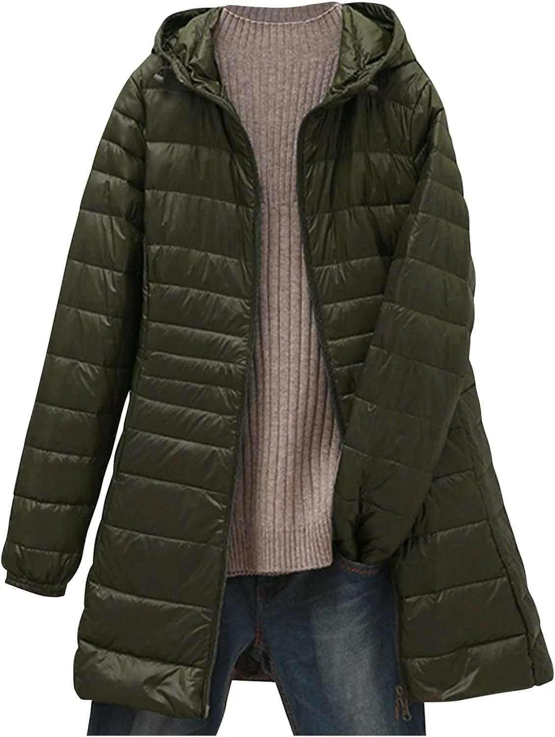 Womens Lightweight Long Puffer Jacket Winter Warm Packable Down Coat Oversized Zip Up Long Sleeve Outerwear With Hood