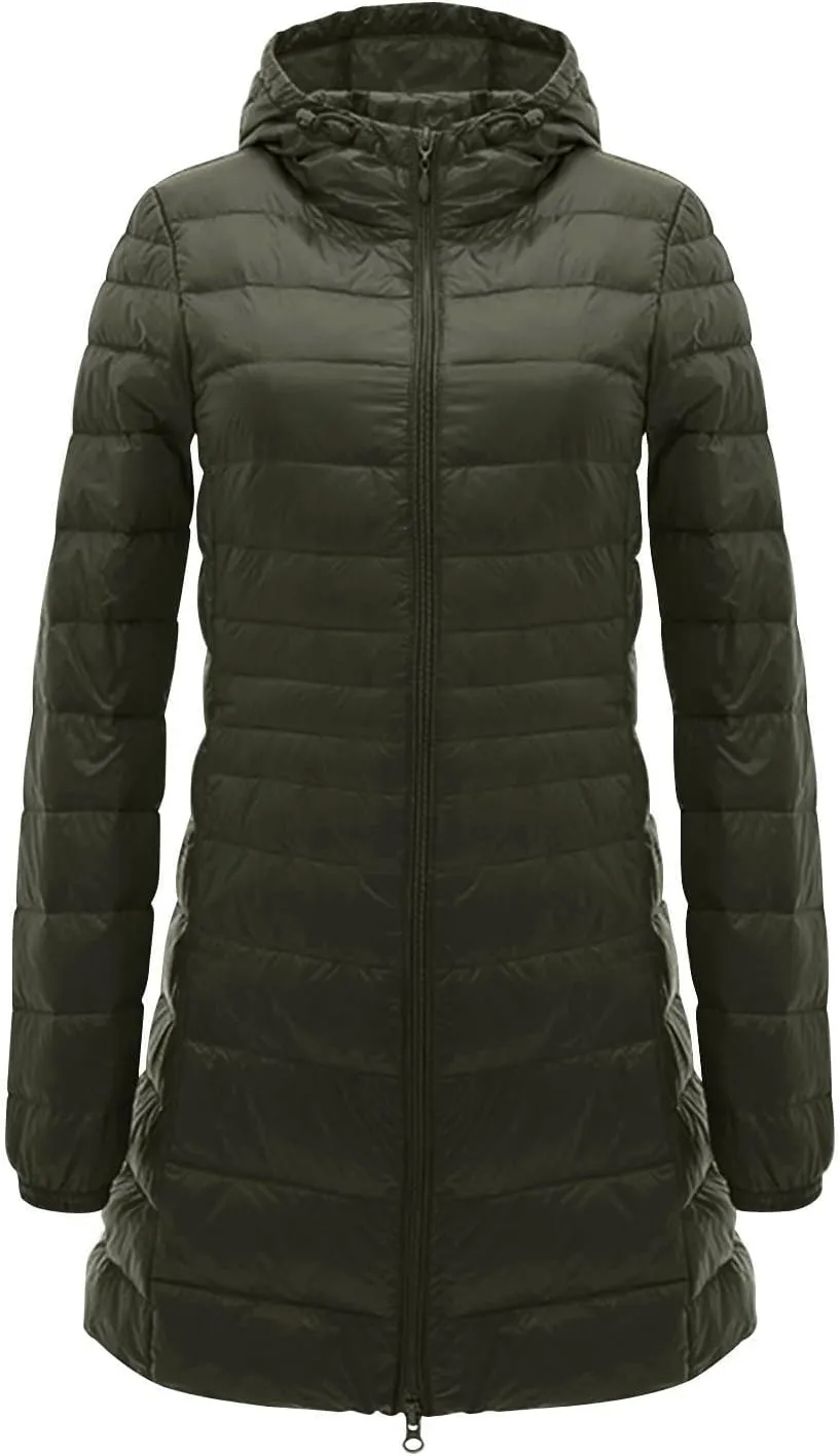 Womens Lightweight Long Puffer Jacket Winter Warm Packable Down Coat Oversized Zip Up Long Sleeve Outerwear With Hood