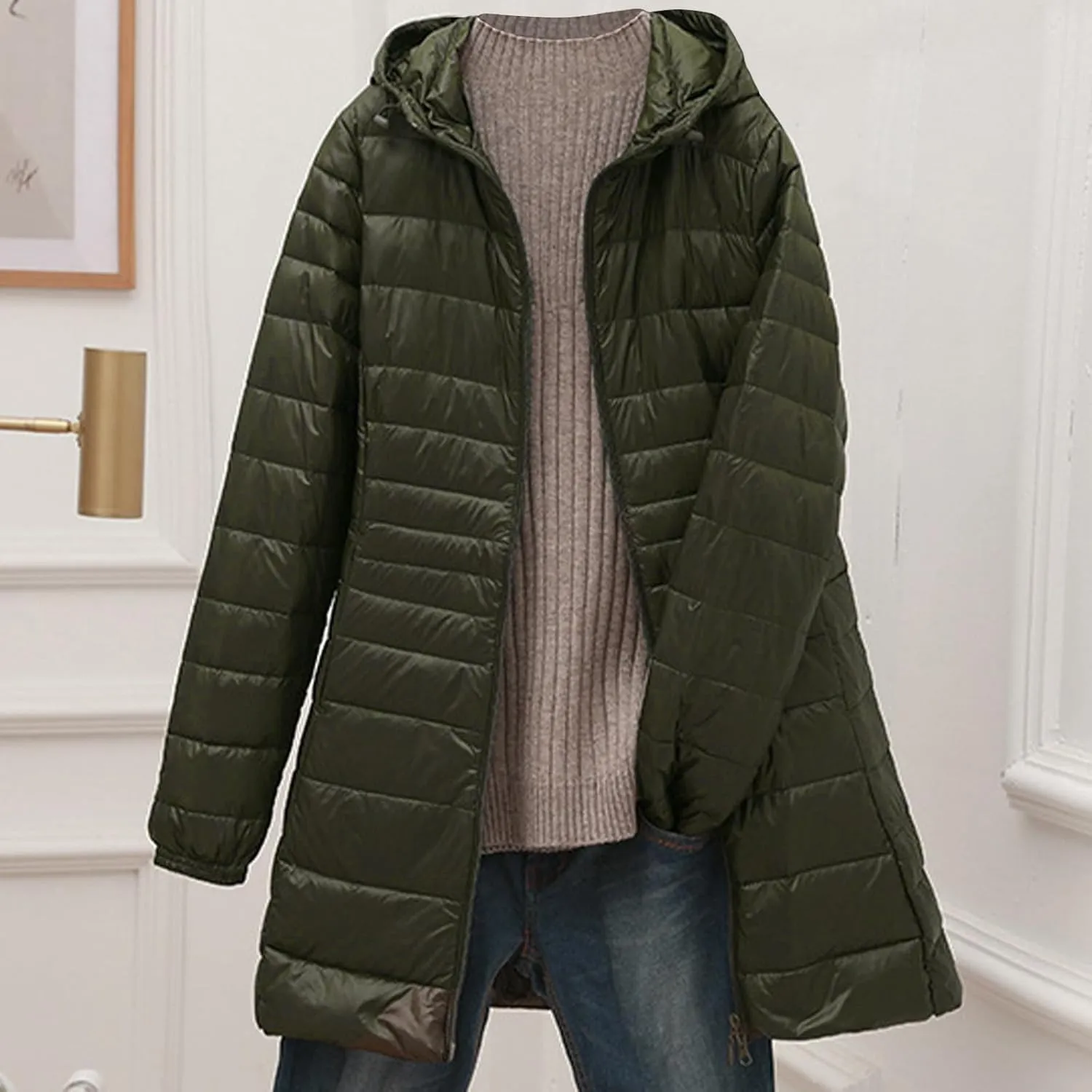 Womens Lightweight Long Puffer Jacket Winter Warm Packable Down Coat Oversized Zip Up Long Sleeve Outerwear With Hood