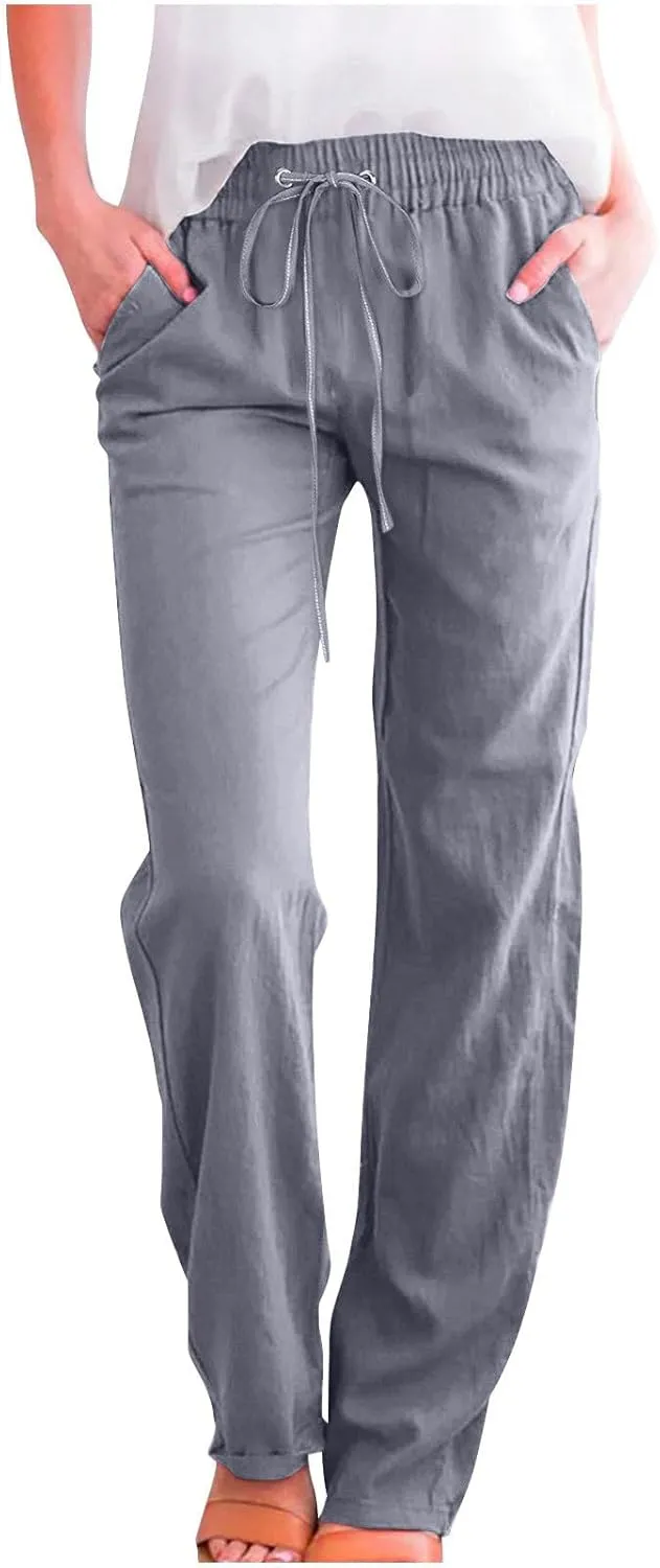 Womens Linen Pants Straight Leg Summer Casual Drawsrting Pants High Waisted Wide Leg Cotton Trousers with Pockets