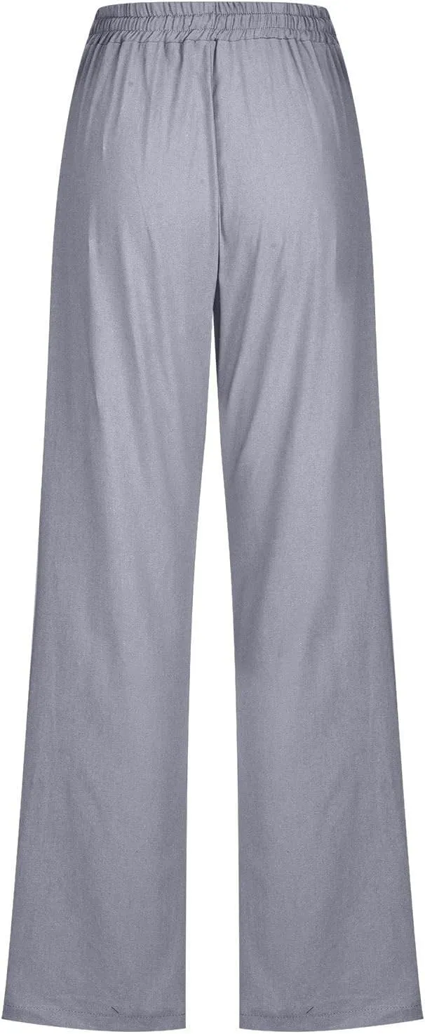 Womens Linen Pants Straight Leg Summer Casual Drawsrting Pants High Waisted Wide Leg Cotton Trousers with Pockets