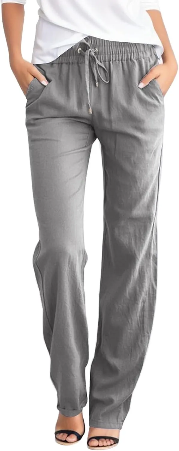 Womens Summer Linen Pants Straight Leg Drawstring Elastic High Waist Loose Comfy Trousers with Pockets