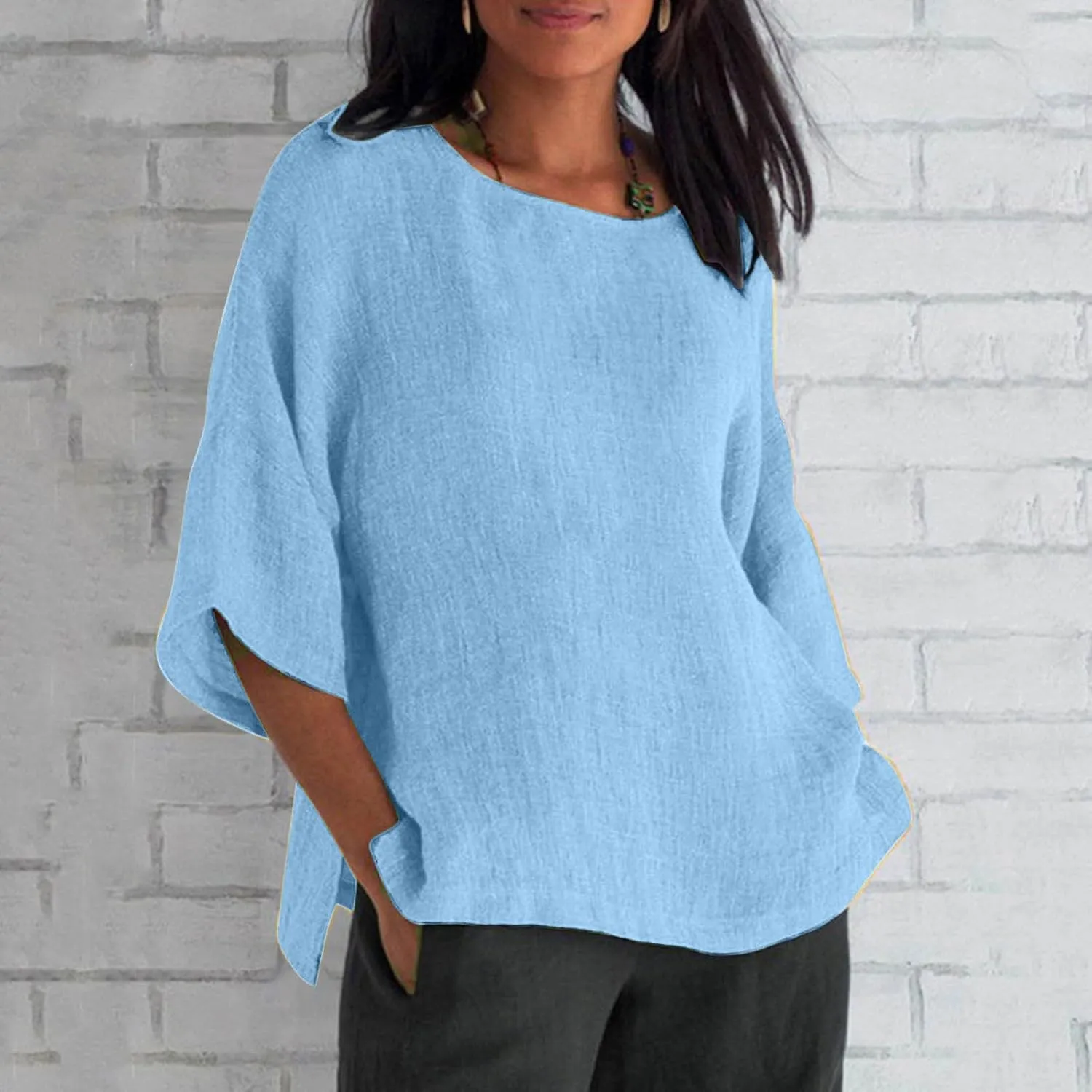 Women's T Shirts Casual Cotton Linen V Neck 3/4 Sleeve Shirt Solid Color Outdoor Cute Loose Summer 2025 Trendy Tees