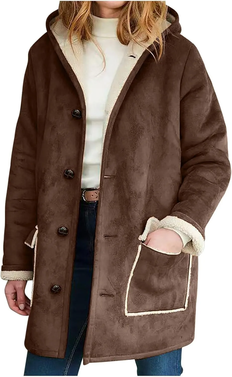 Women's Winter Coats Motorcycle Jacket Fashion Horn Button Casual Jacket With Pocket Hooded Coat Jacket, S-2XL